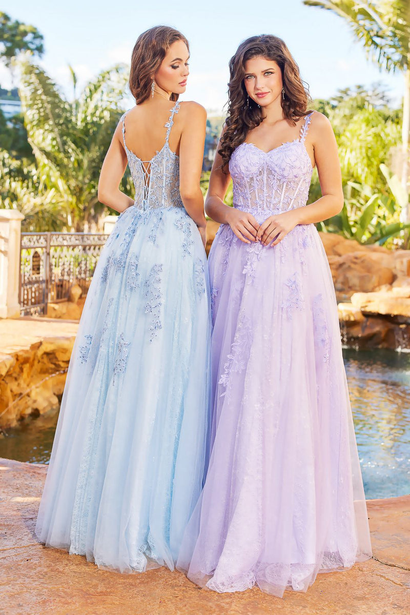 Adora 3087 A-Line Lace Applique Corset Long Formal Prom Dress