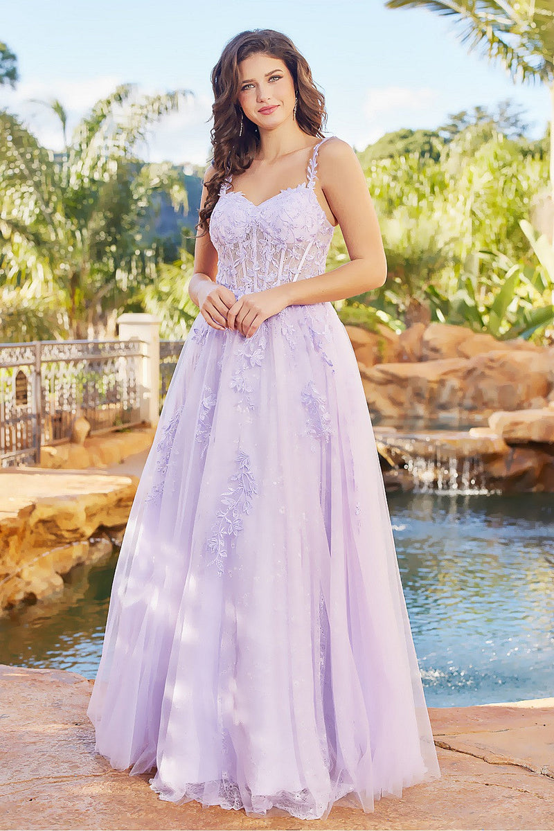 Adora 3087 A-Line Lace Applique Corset Long Formal Prom Dress