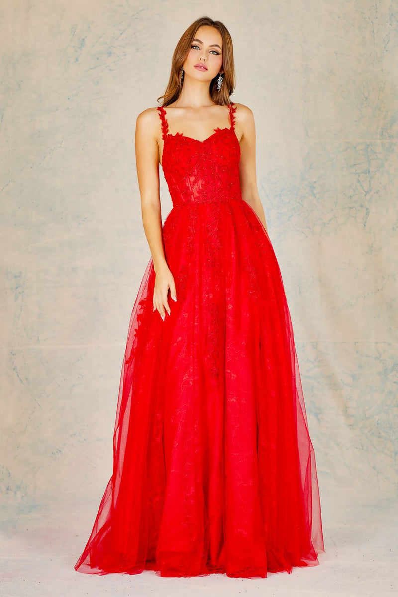 Adora 3087 A-Line Lace Applique Corset Long Formal Prom Dress
