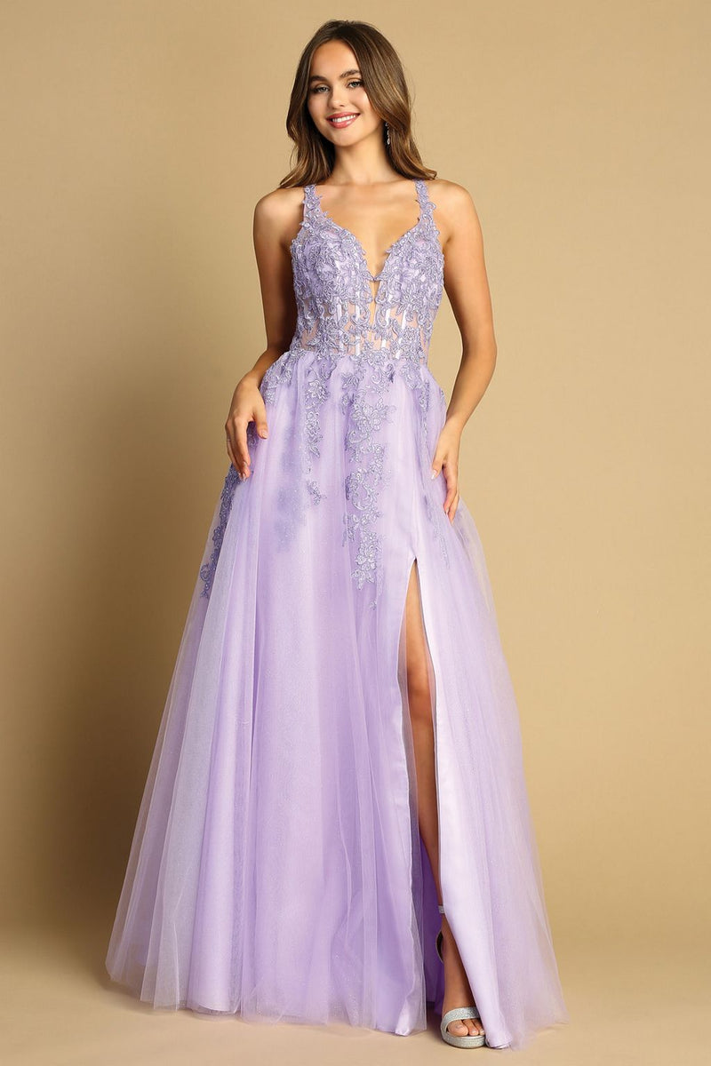 Adora Design 3088 Lace A-Line Long Slit Spaghetti Strap Prom Dress