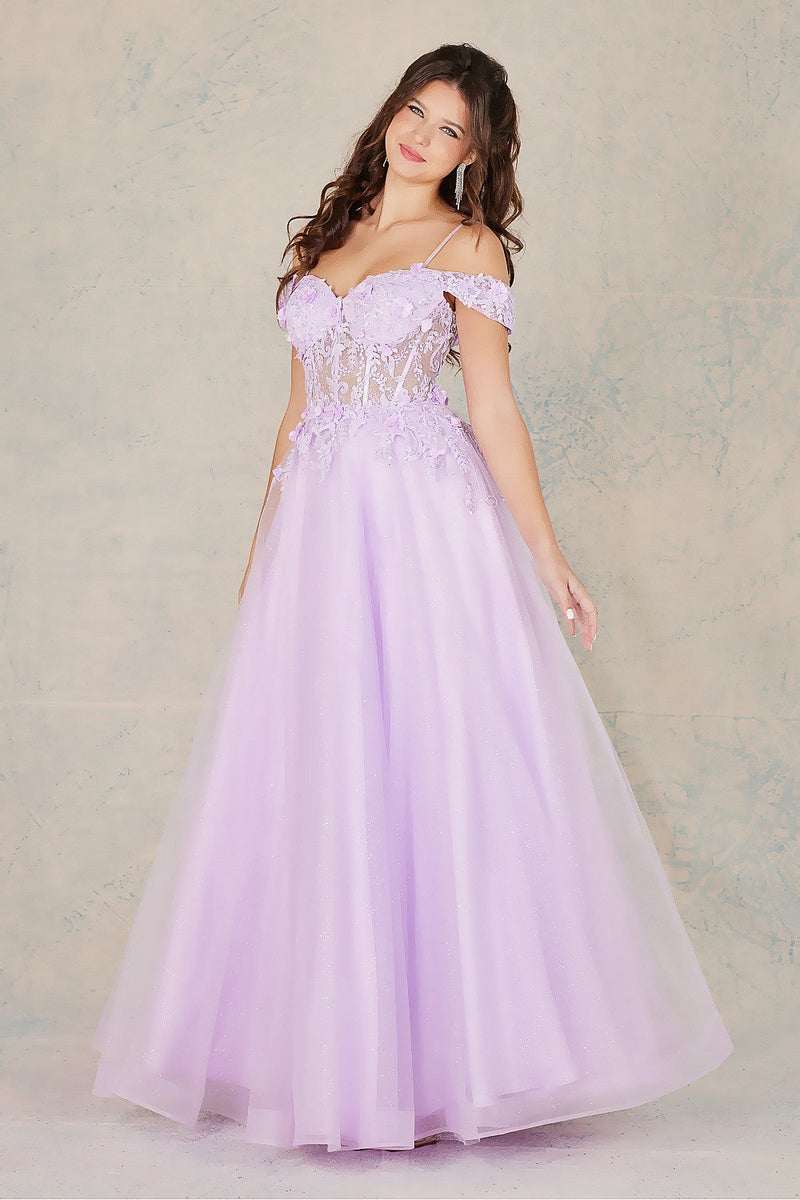 Adora Design 3109 Off Shoulder 3D Floral Applique A-Line Prom Dress
