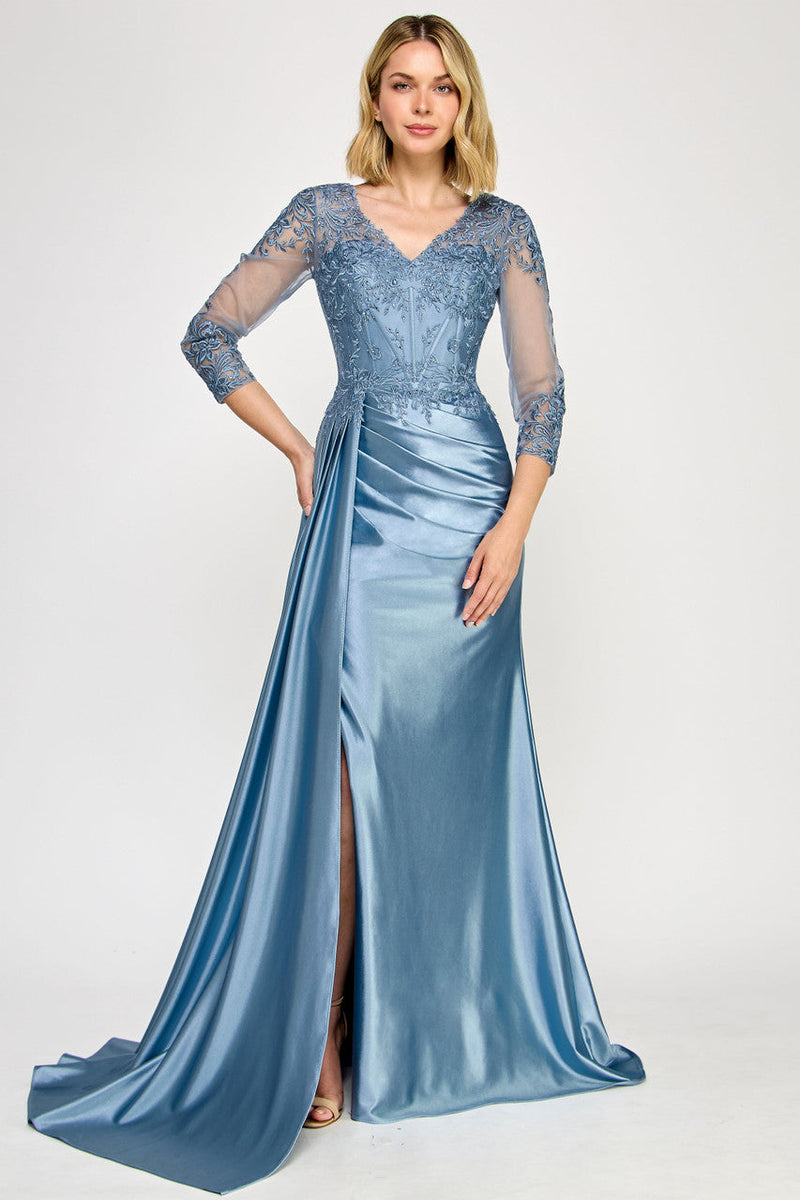 Elegant Lace Bodice Mother of the Bride Dress with 3/4 Sleeves V-Neck Dress by Lenovia 8366