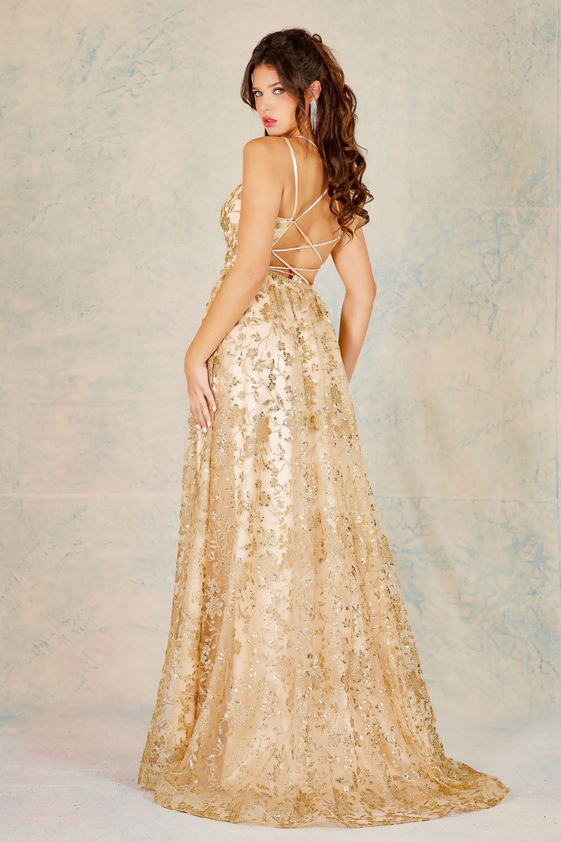 Adora Design 3137 A Line Glitter Floral Print Long Prom Dress