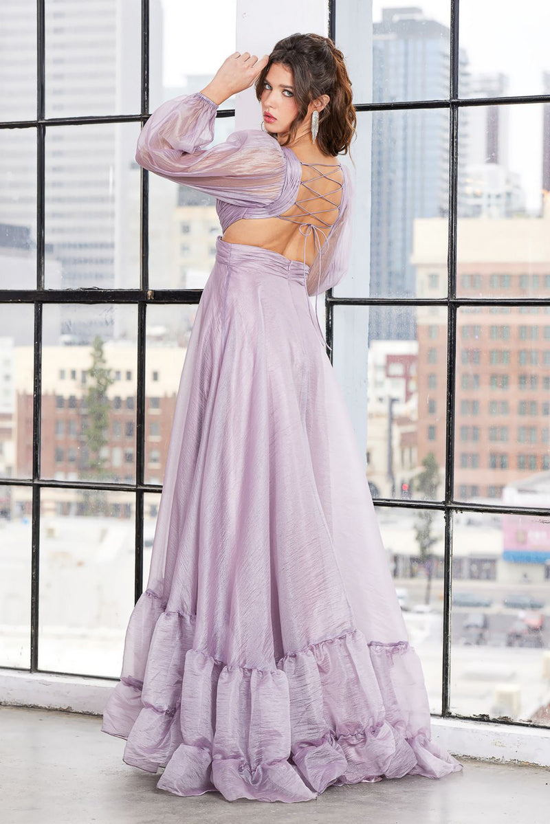 Adora Design 3149G A-Line Tiered Ruffle Long Sleeve Prom Gown