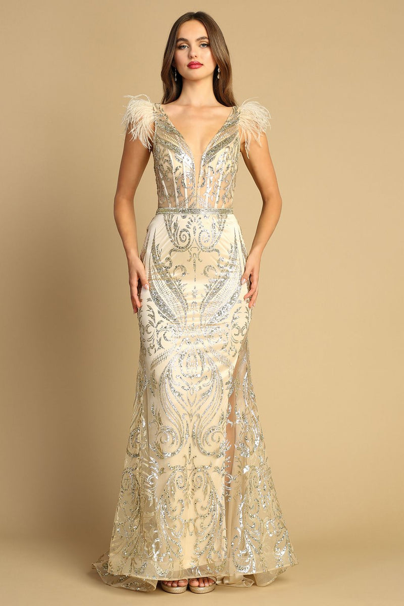 Adora Design 3151 Sleeveless Printed Glitter Long Formal Prom Dress