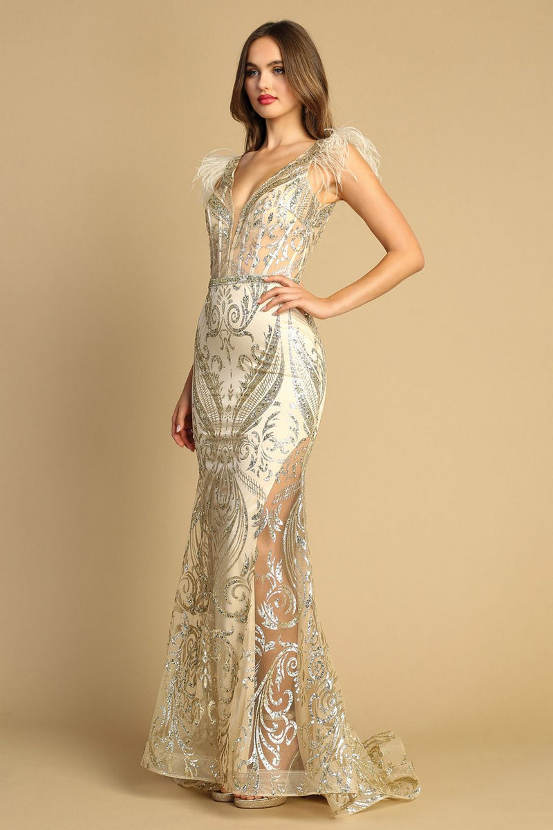 Adora Design 3151 Sleeveless Printed Glitter Long Formal Prom Dress