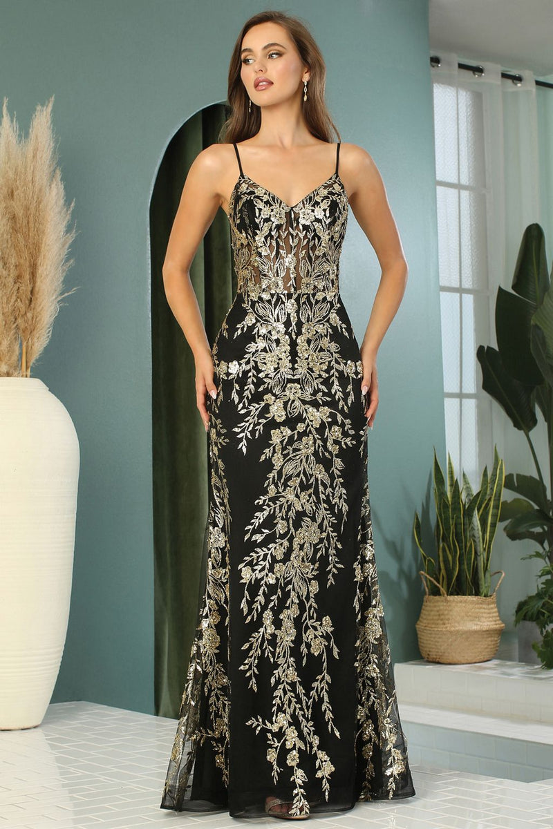 Adora Design 3158 Fitted Glitter Applique Corset Long Prom Dress
