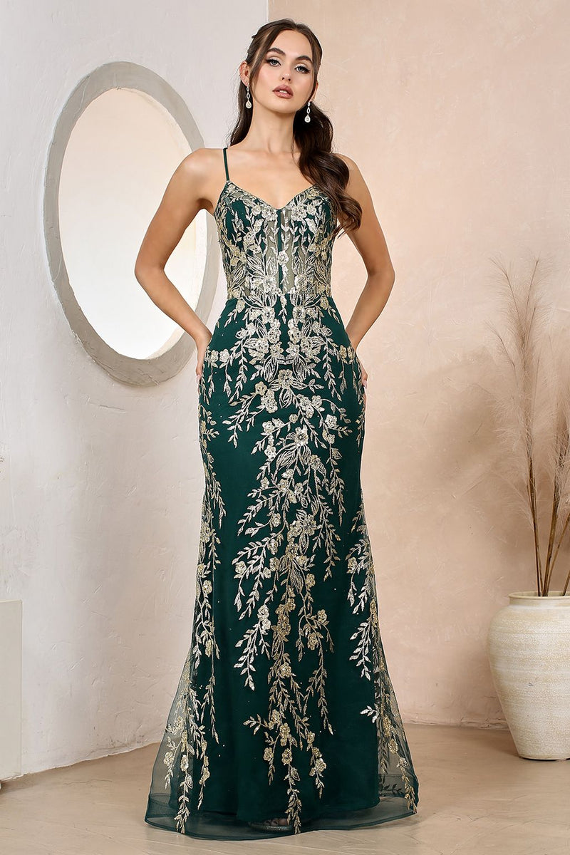 Adora Design 3158 Fitted Glitter Applique Corset Long Prom Dress