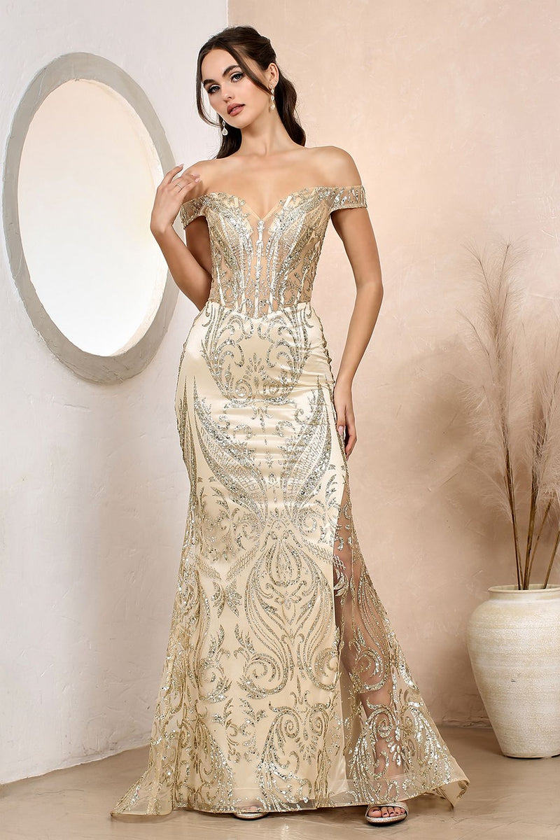Adora Design 3168 Off Shoulder Glitter Print Mermaid Prom Gown