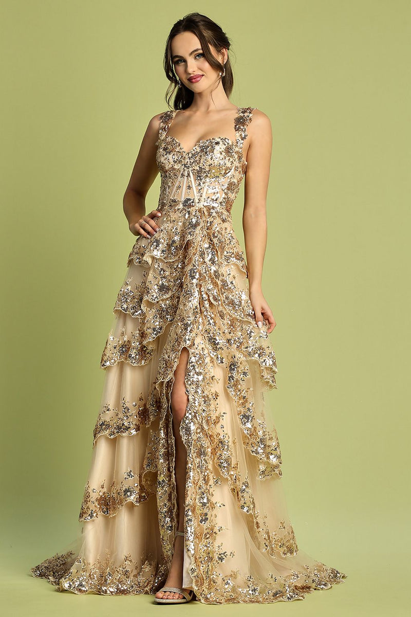 Adora Design 3174 Tiered A-Line Sequin Applique Formal Prom Gown