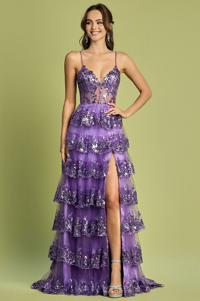 Adora Design 3218 Sequin Ruffle A-Line Slit Formal Prom Gown