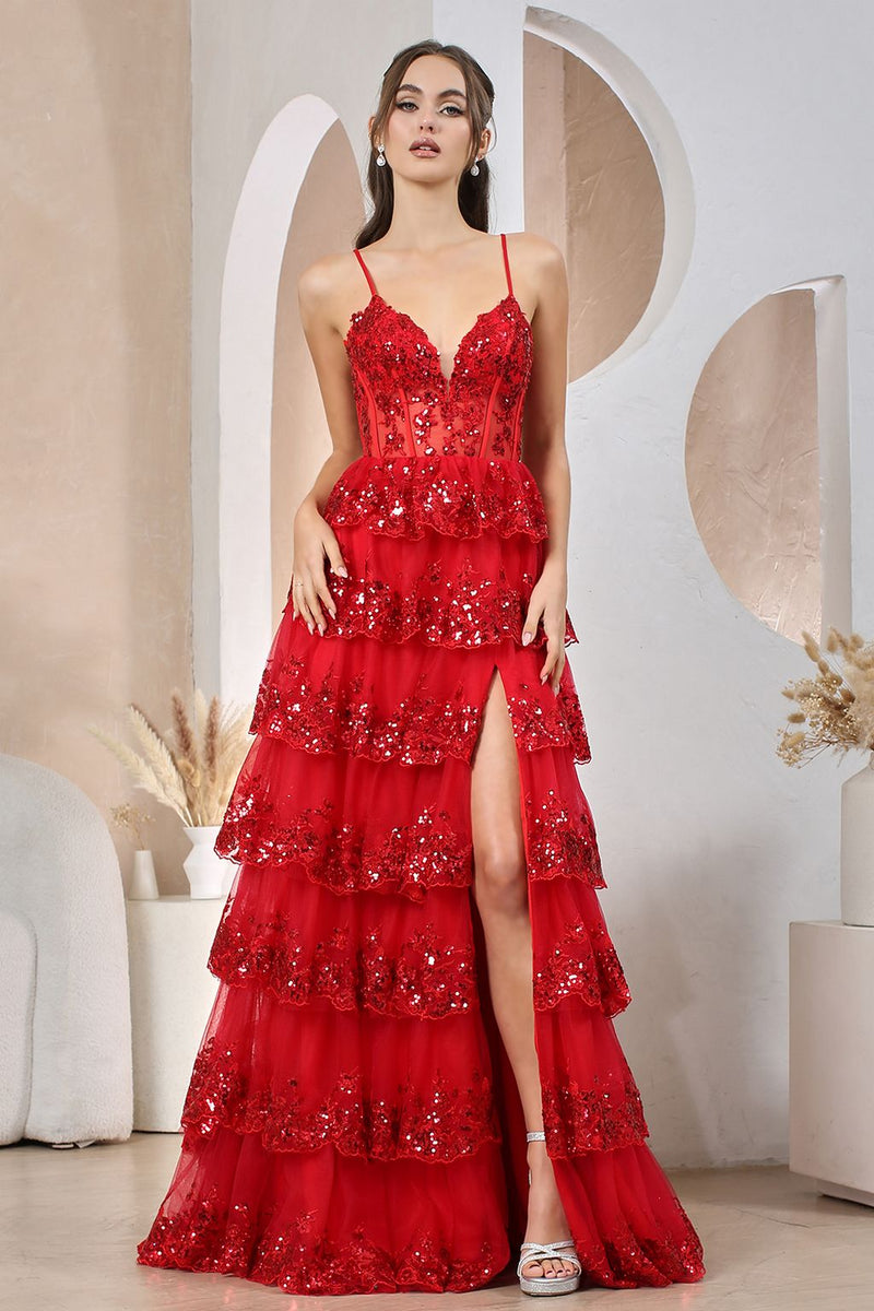 Adora Design 3218 Sequin Ruffle A-Line Slit Formal Prom Gown