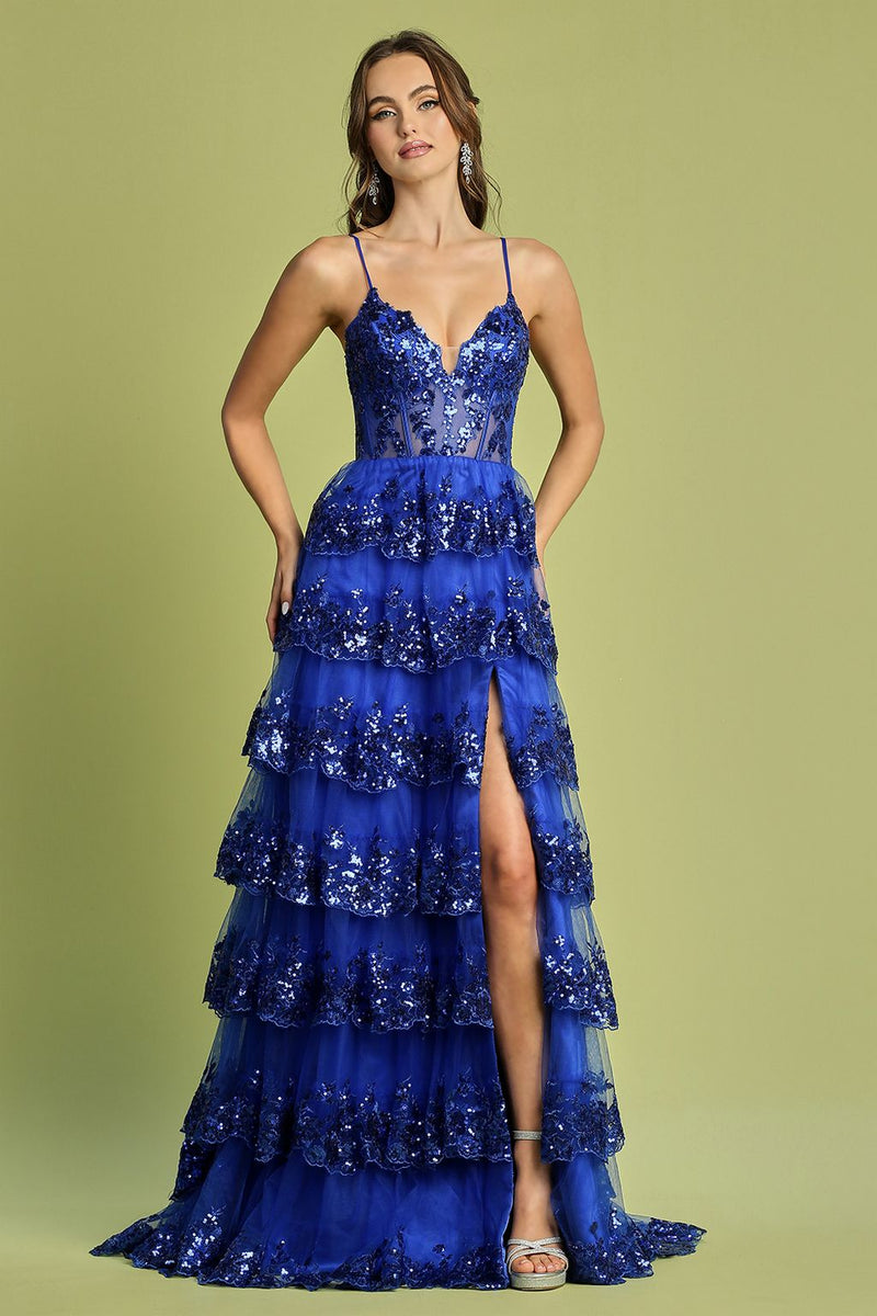 Adora Design 3218 Sequin Ruffle A-Line Slit Formal Prom Gown