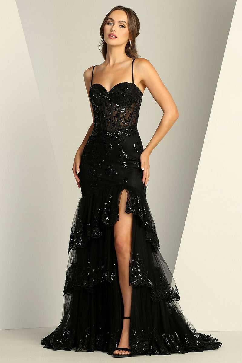 Adora Design 3221 Tiered Glitter Tulle Applique Slit Prom Gown