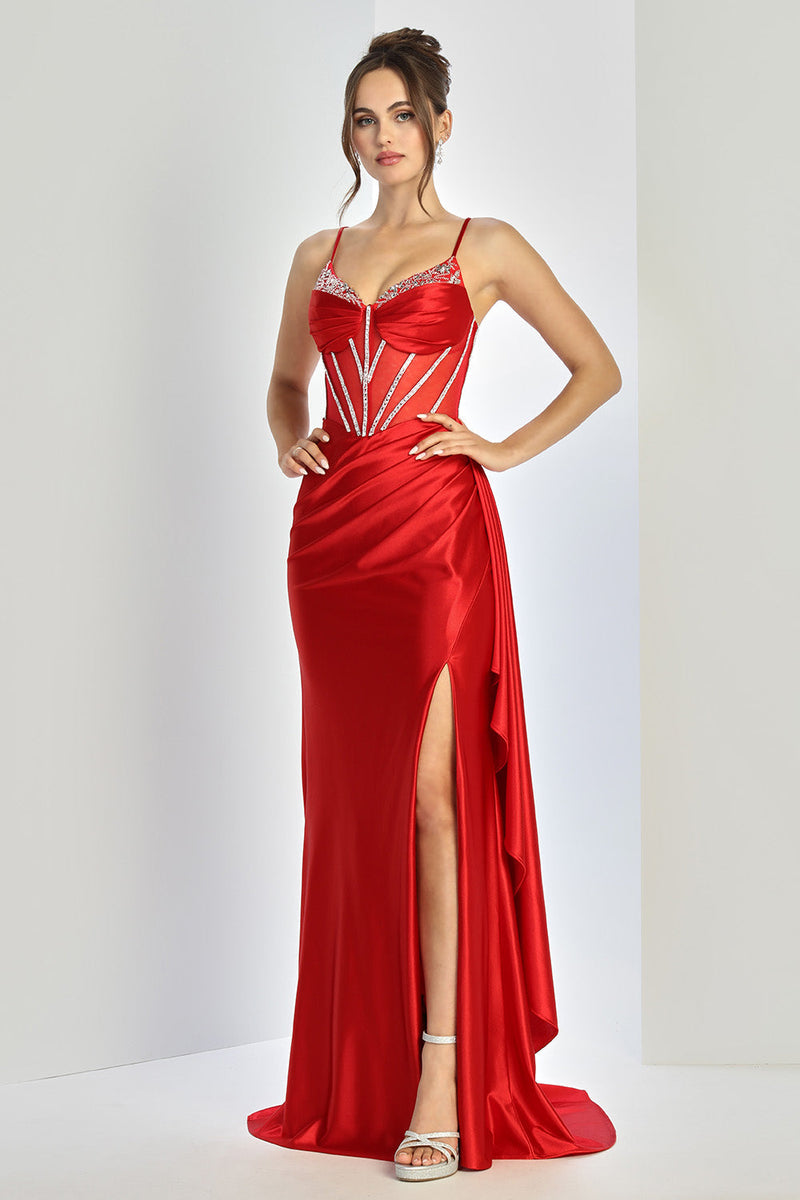 Adora Design 3249 Beaded Corset Spaghetti Strap Slit Prom Dress