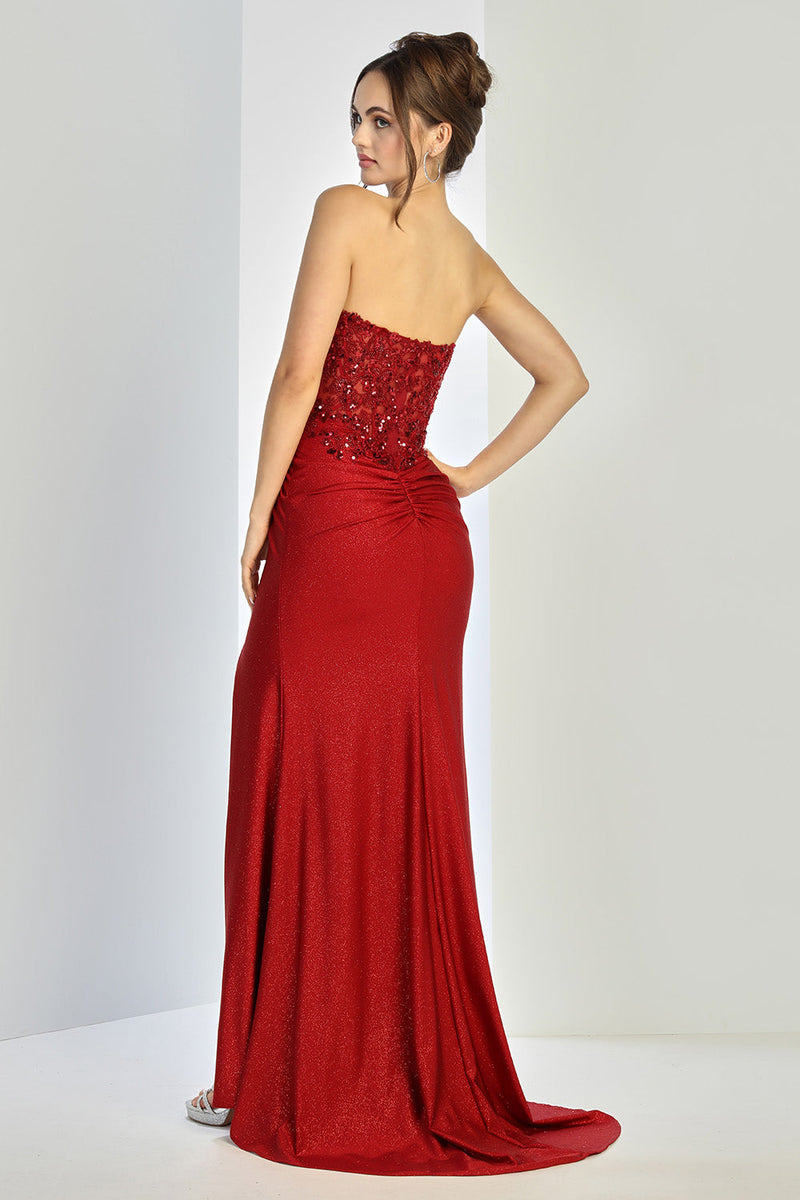 Adora Design 3253 Strapless Glitter Pleated Slit Formal Prom Gown
