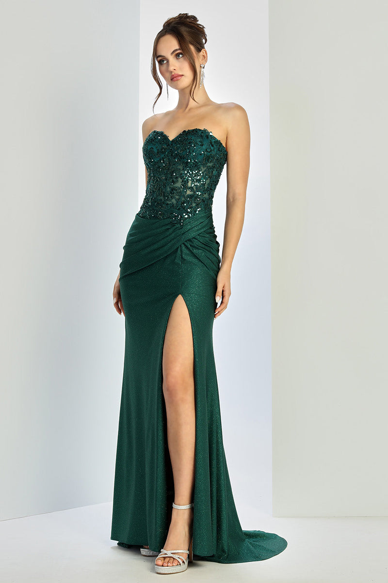 Adora Design 3253 Strapless Glitter Pleated Slit Formal Prom Gown