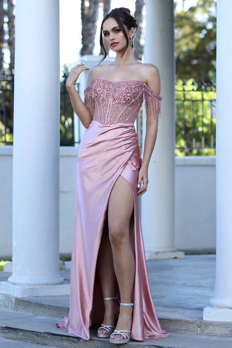 Off Shoulder Sequin Glitter Fitted Corset Prom Gown