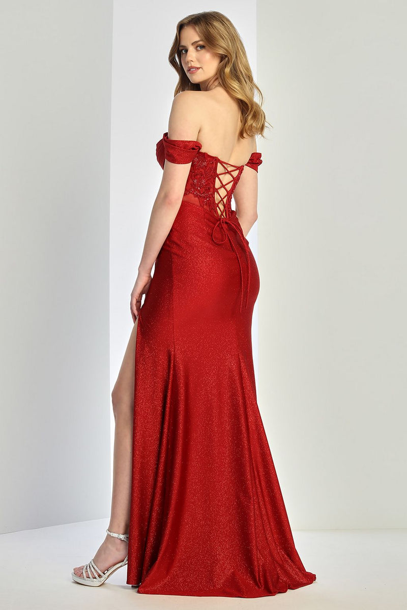 Adora Design 3285 Glitter Off-Shoulder Corset Slit Prom Dress