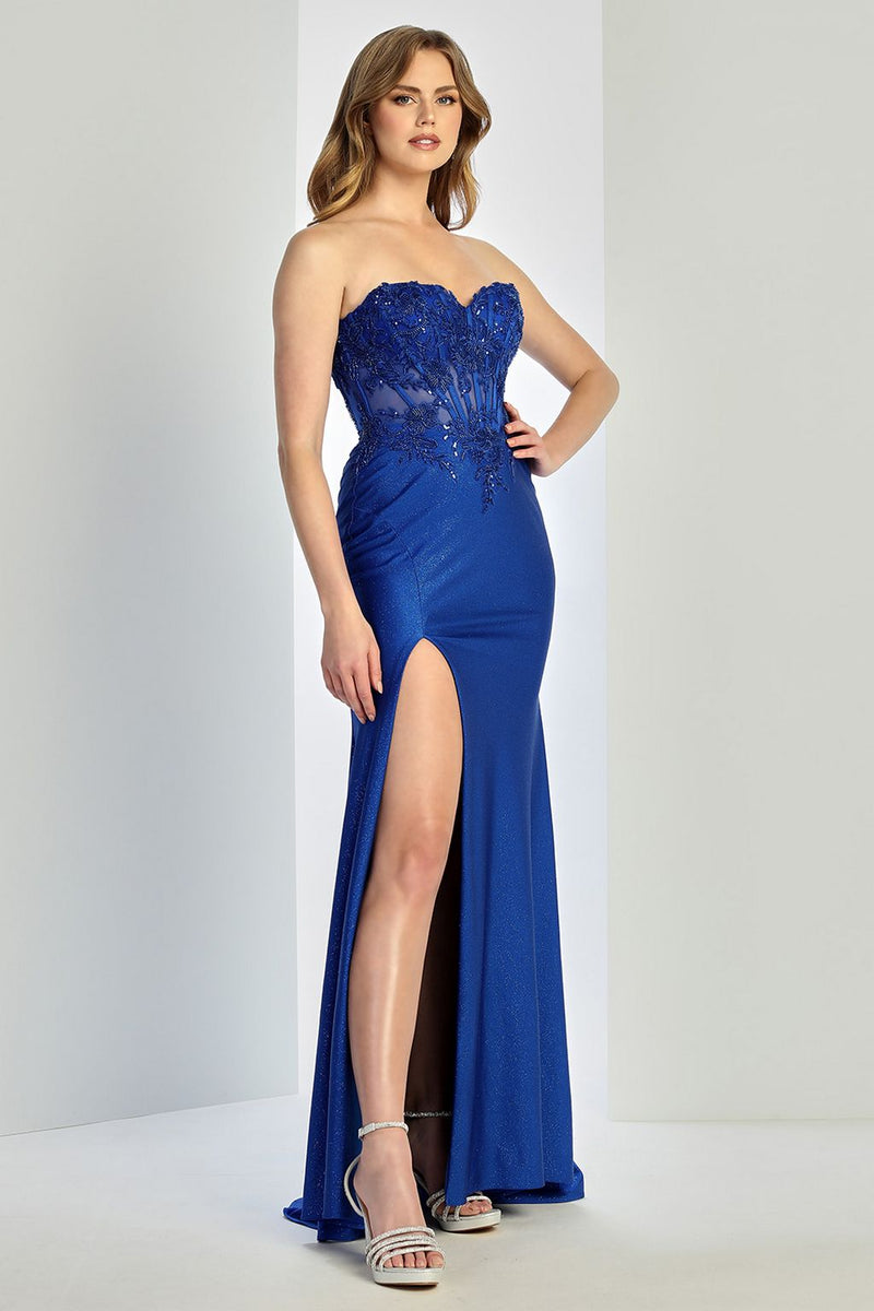 Adora Design 3286 Strapless Lace Applique Corset Slit Prom Gown
