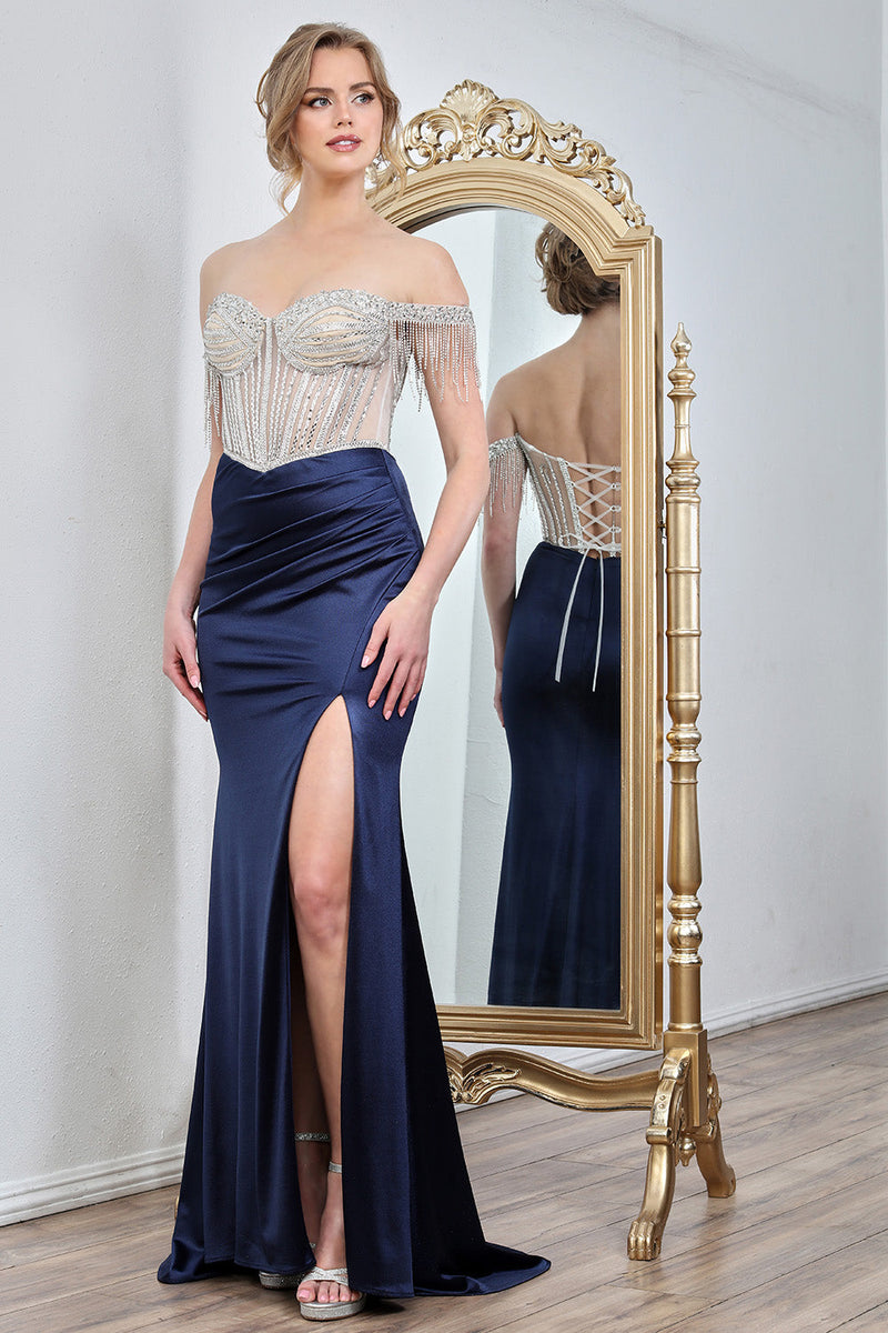Adora Design 3297 Off Shoulder Beaded Fitted Prom Corset Dress