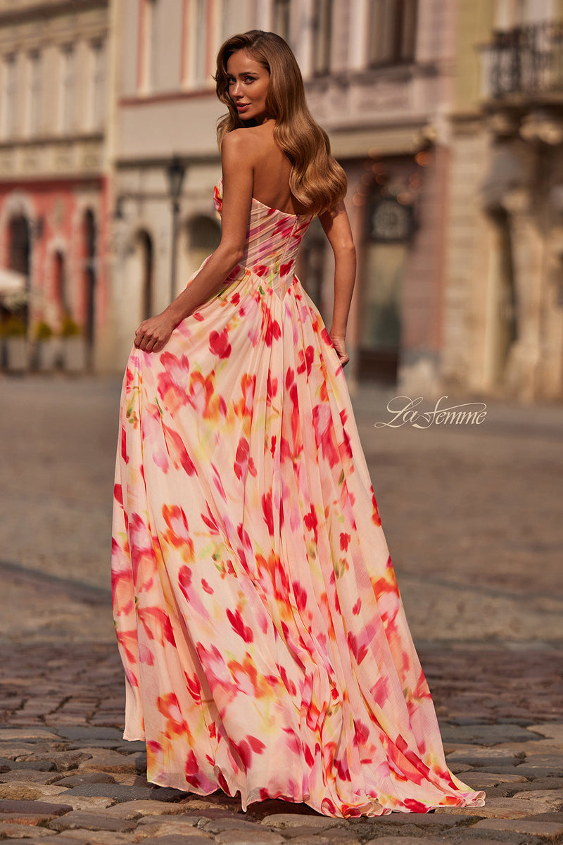 La Femme 33404 Floral Strapless A-Line Gown with Slit