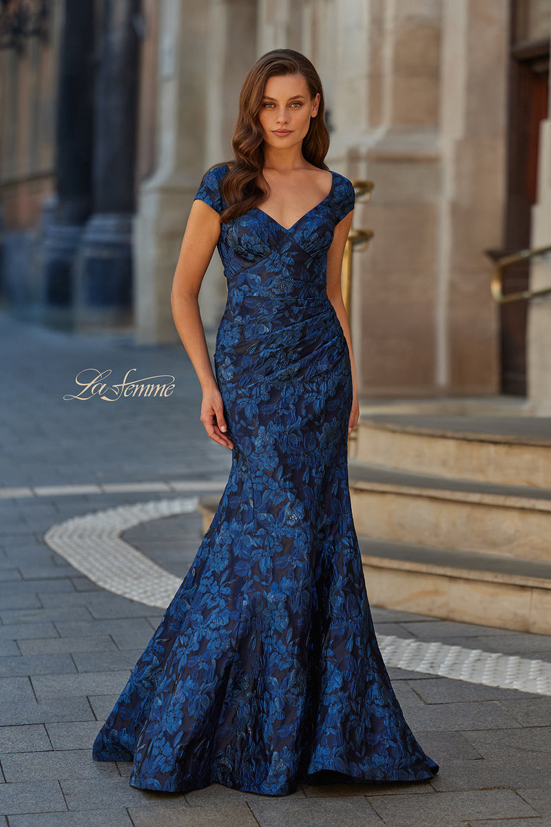 La Femme 33578 Cap Sleeve Floral Jacquard Fit and Flare Gown