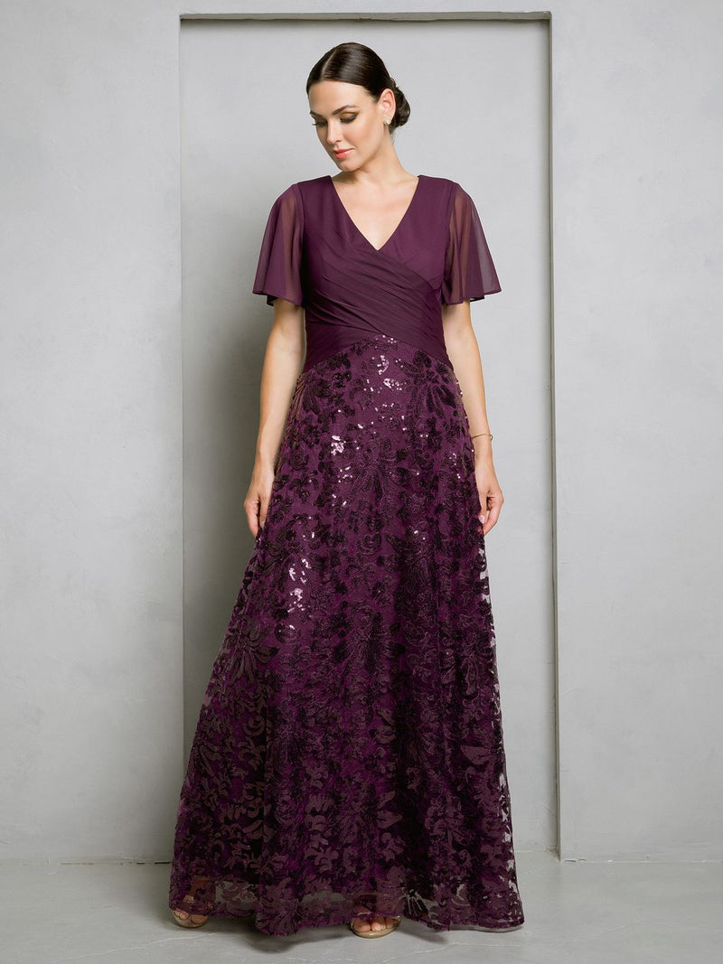 Eva USA EV3519 Full-Length Sequin Lace Dress with Structured Lining