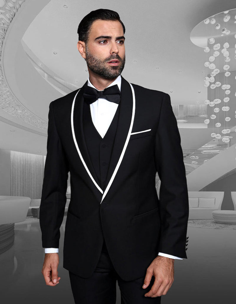 Men's black wool tuxedo with shawl lapel and satin trim. Includes vest with button closure and left pocket. Classic, formal design.