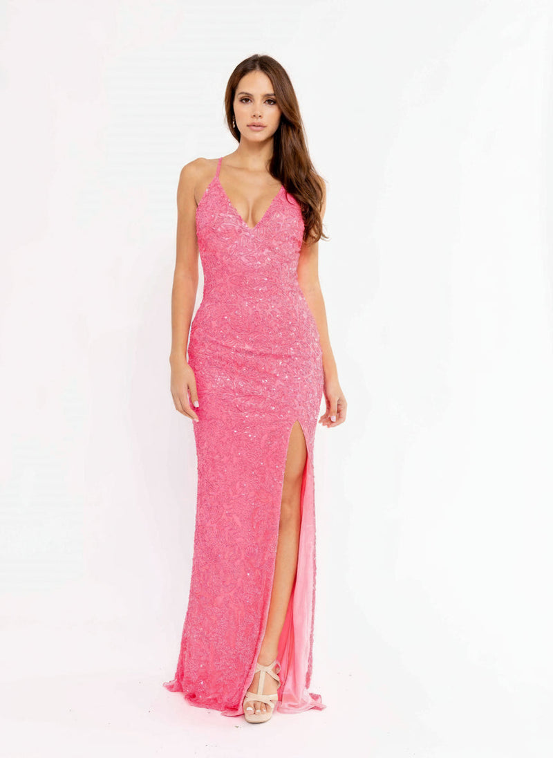 Primavera Couture 3938 - Beaded Sequin Slit Prom Dress