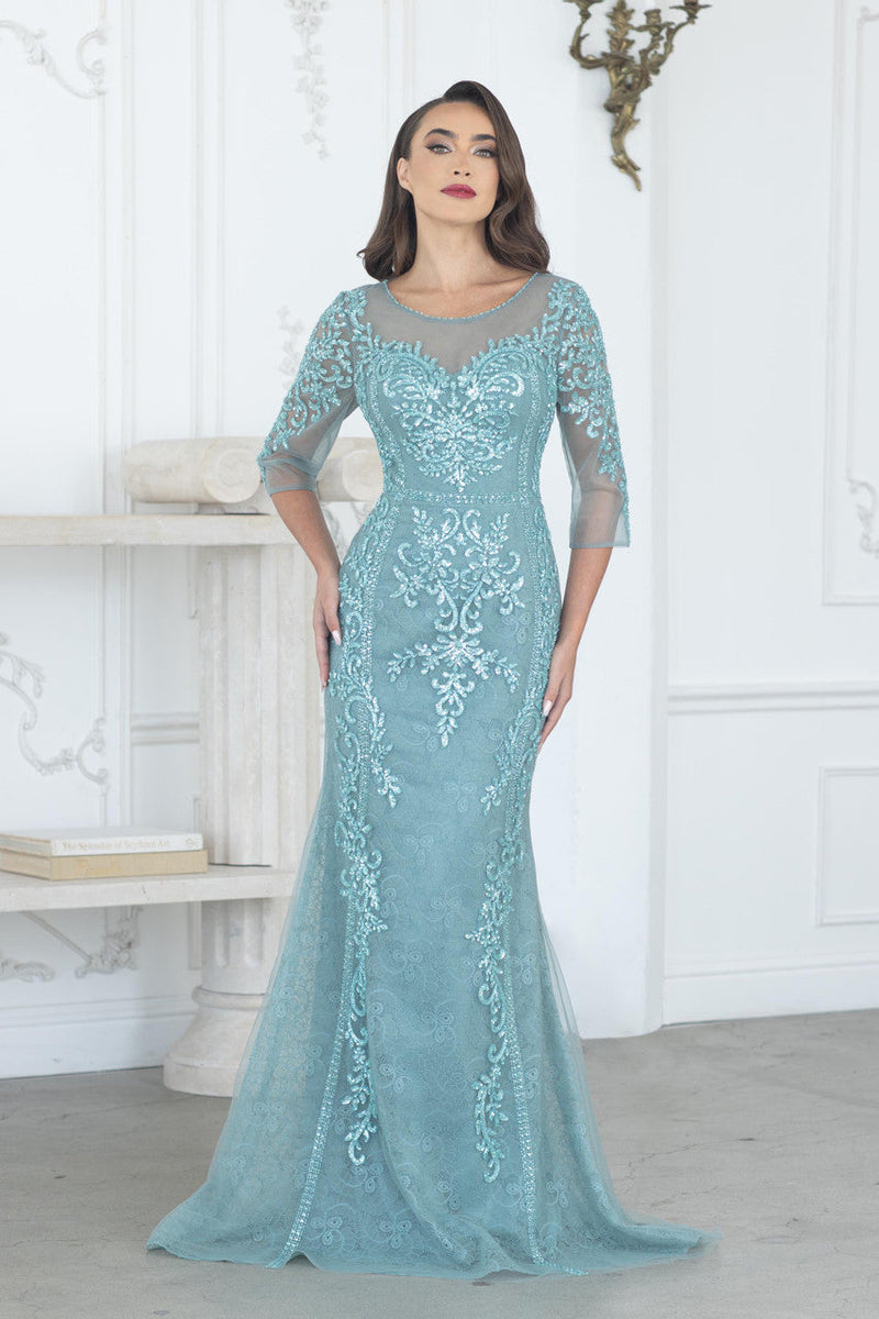 Lenovia 8369 Beaded Embroidered Mesh Long Mother of Bride Dress with 3/4 Sleeves