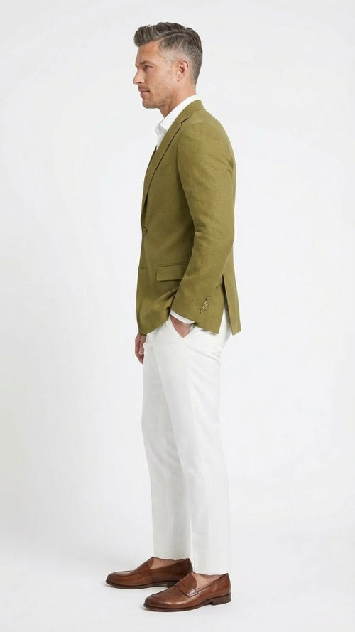 Alberto Nardoni men's olive green blazer. Single-breasted with notched lapel, two front pockets. Textured fabric, likely natural fibers blend. Fitted silhouette, back vent.