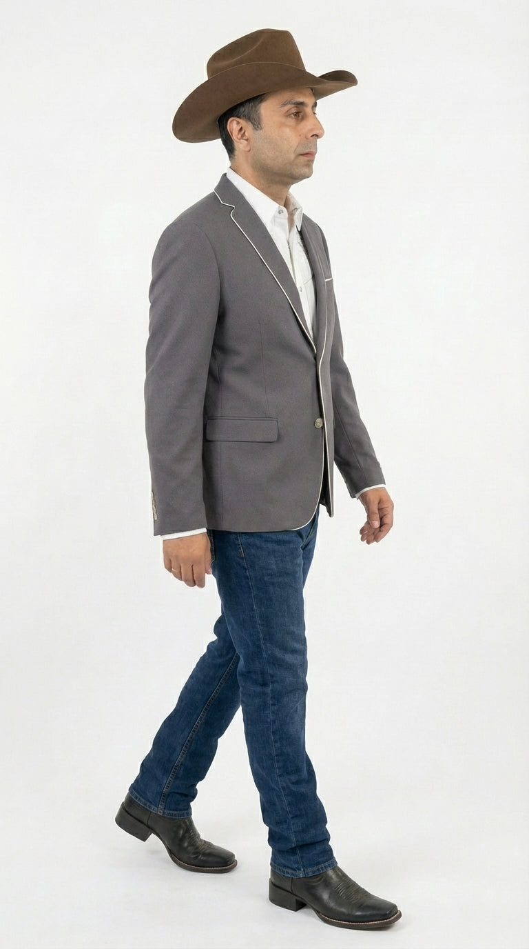 Mens Grey and White Trim Western Blazer – Classic Fit Cowboy Style Contrast Trim Dress Jacket