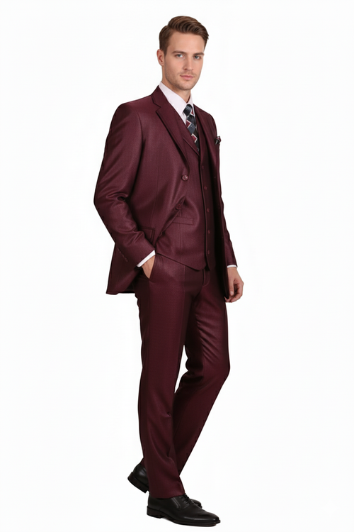 Alberto Nardoni men's burgundy three-piece suit. Tailored jacket (notch lapels, single-breasted), vest, and straight-cut trousers. Smooth, slightly sheened fabric for a formal look.