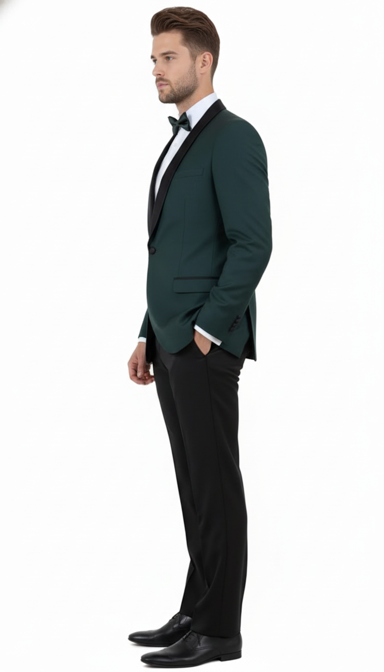 Men's green tuxedo suit: tailored fit, single-button closure, black shawl collar. Slim-fit jacket with structured shoulders, straight-leg black trousers. Smooth green fabric, white tuxedo shirt, and bow tie.