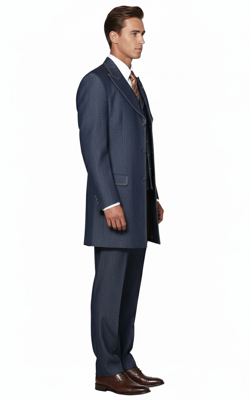 Men's dark blue Alberto Nardoni denim three-piece suit. Textured pattern, tailored coat with notched lapels, waistcoat, and straight-leg trousers for a cohesive look.