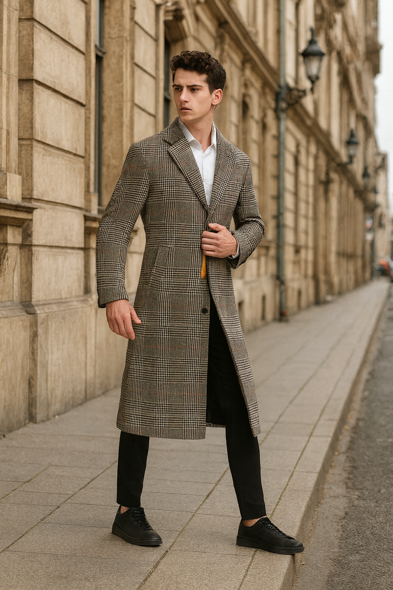 Men's gray plaid overcoat with a wool blend. Full-length, checkered pattern, structured collar, single-breasted, long sleeves.