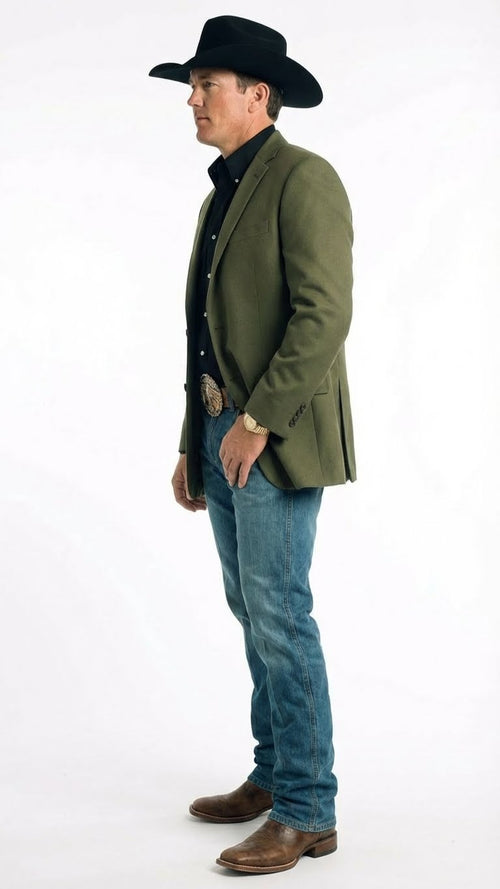 Mens Olive Green Western Blazer Jacket, Classic Cowboy Style Sport Coat for Casual Formal Wear with Jeans