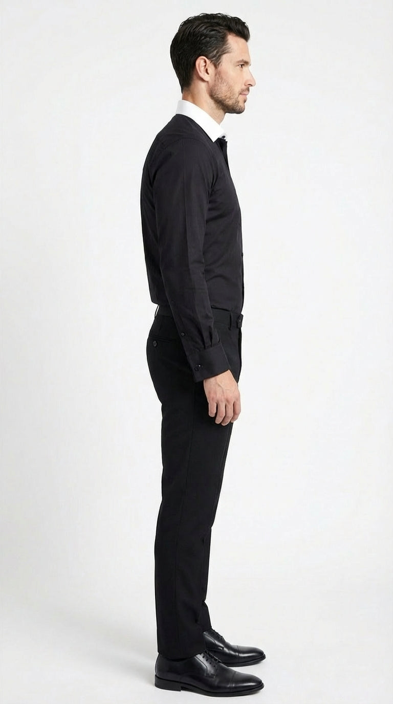 Mens Black Dress Shirt with White Contrast Collar | French Cuff Cotton Poplin Formal Button-Up Shirt