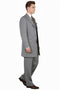 Light gray zoot suit: tailored jacket (3 buttons, wide lapels), vest, and wide-legged trousers. Smooth fabric.