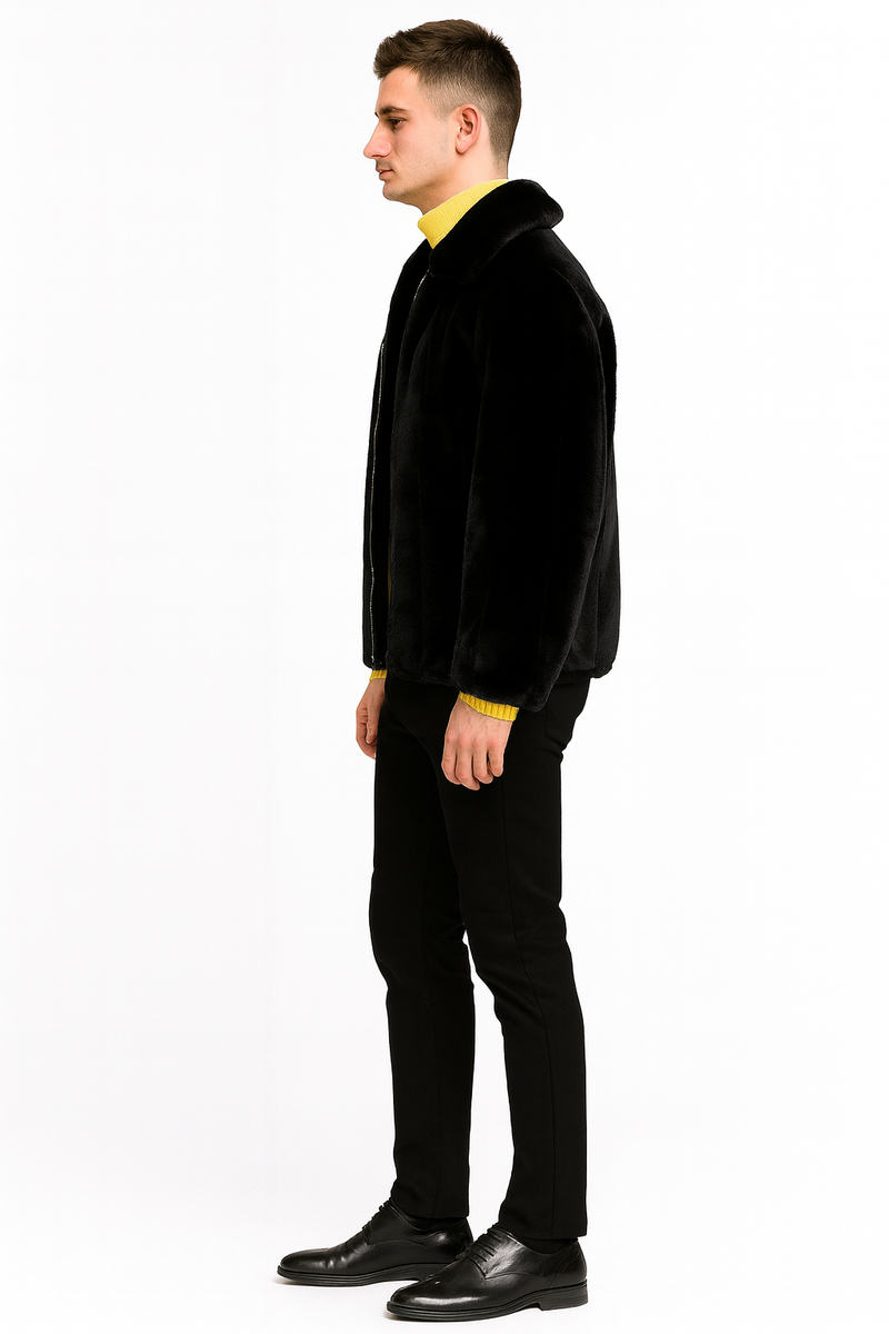 Men's black faux fur jacket. Plush finish, zip-up, pointed collar. Long sleeves, relaxed fit.