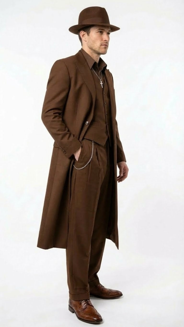 Men's 1920s zoot suit in brown: long coat, trousers, vest. Smooth fabric, patterned shirt, leather shoes, and fedora hat.