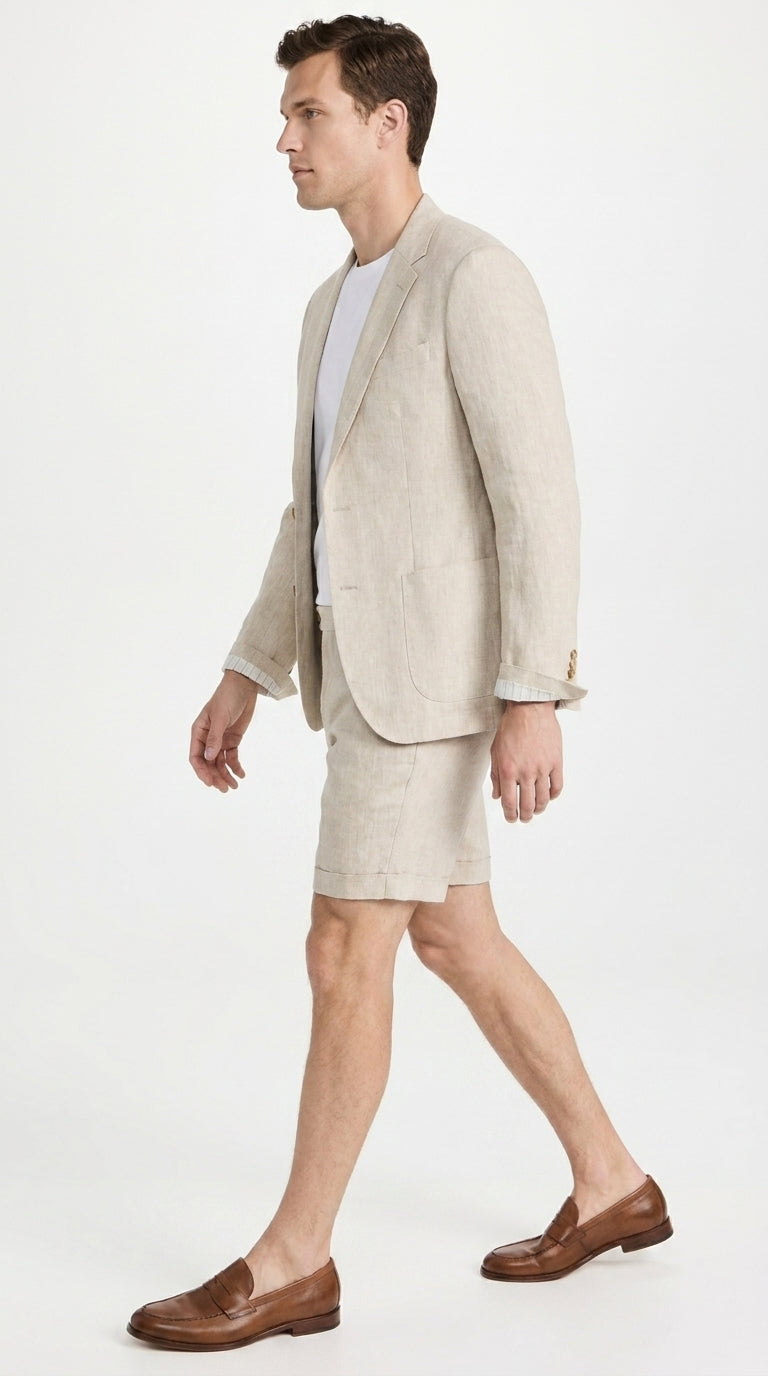 Menās Tan Linen Suit with Shorts, 2 Piece Summer Short Suit, Casual Beach Wedding Outfit