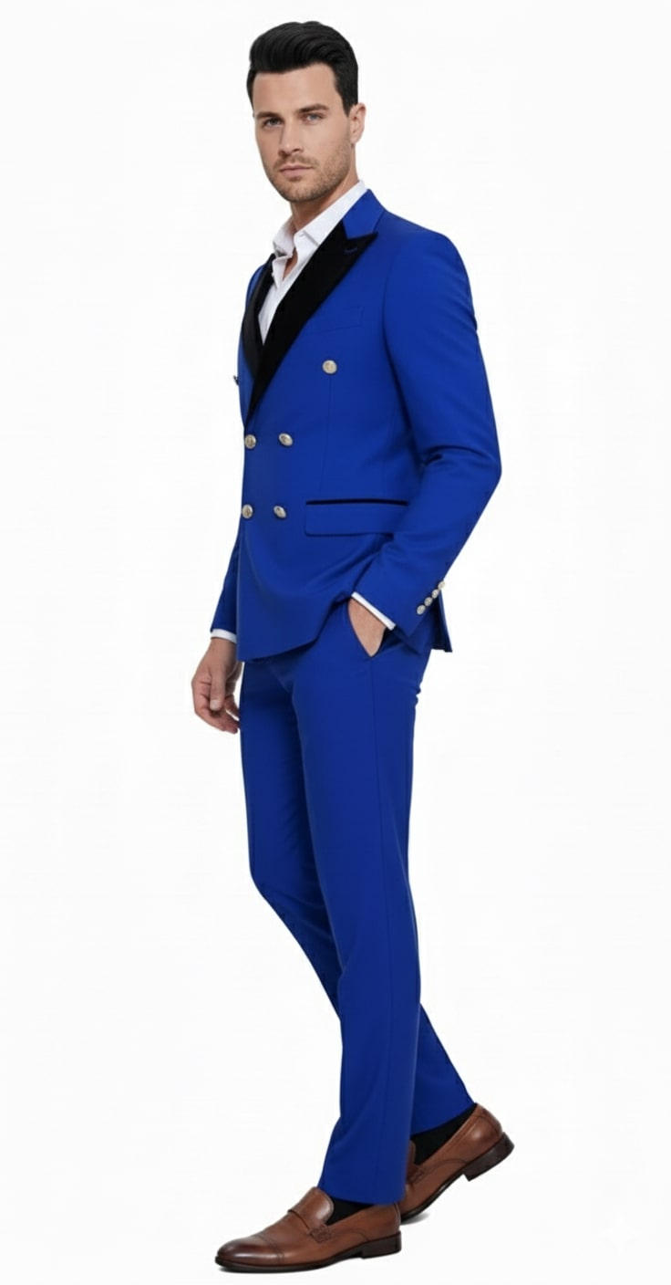 Royal blue slim-fit double-breasted tuxedo with black satin lapels. Gold buttons and tailored trousers complete this formal suit.