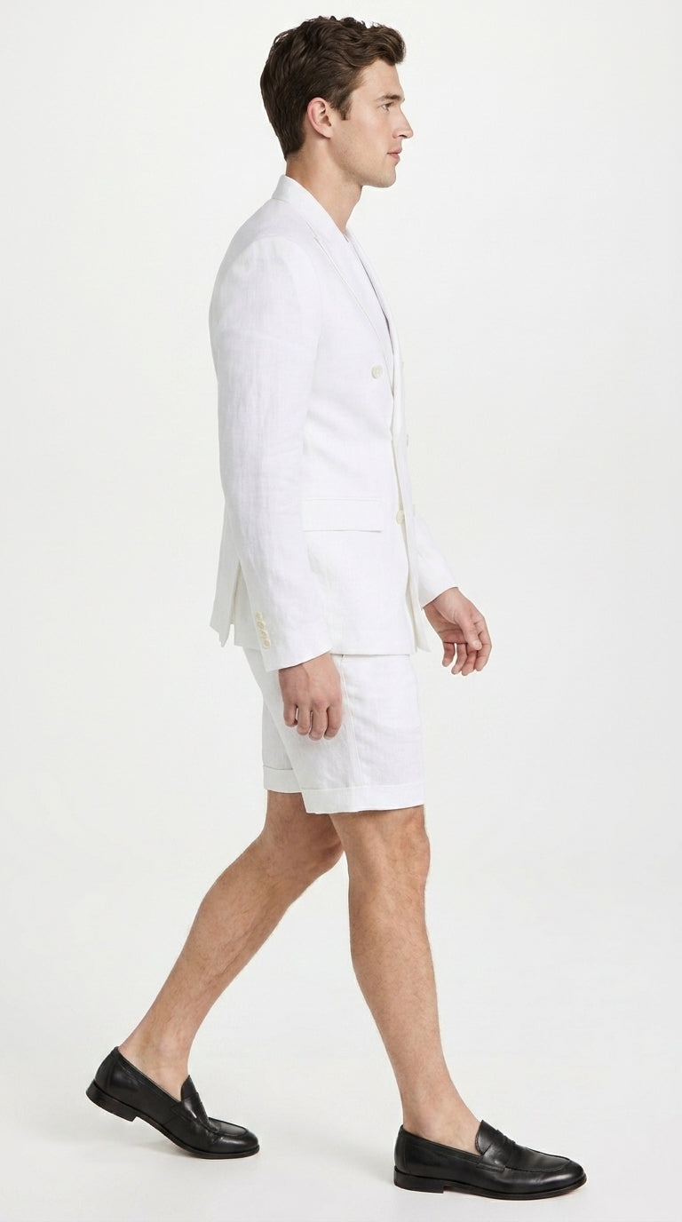 Men’s White Summer Suit with Shorts, 2 Piece Linen Style Wedding Beach Short Suit Set double breasted style