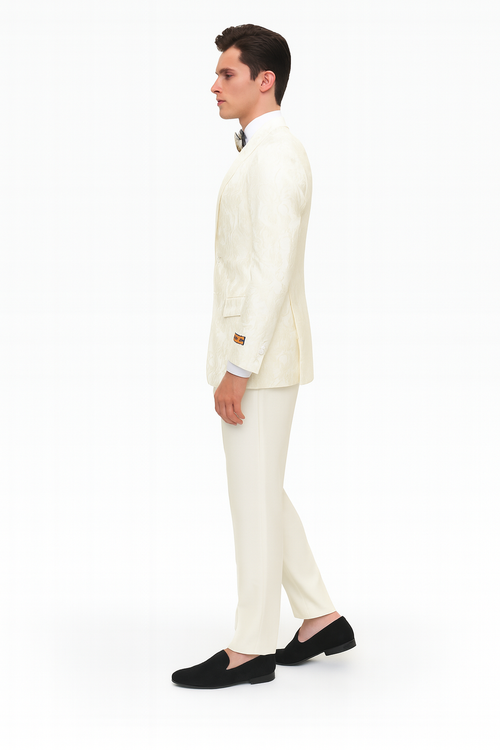 Ivory tuxedo jacket for men, cream color with floral embroidery. Tailored fit. Includes ivory pants. Stylish and elegant.