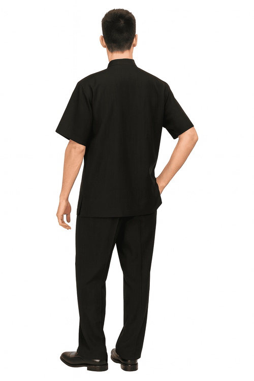 Alberto Nardoni men's black walking suit. Short-sleeve, loose shirt with a straight hem & matching trousers in solid black. Smooth, lightweight fabric for easy movement. Banded collar & minimalist aesthetic.