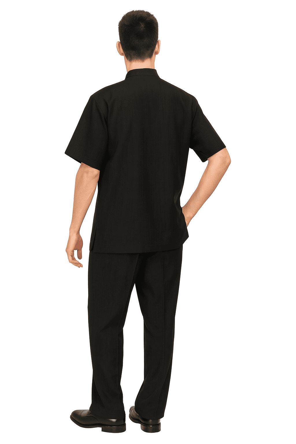 Men’s Black Banded Collar Walking Suit – Short Sleeve Shirt and Matching Pants Banded Collar Linen Fabric