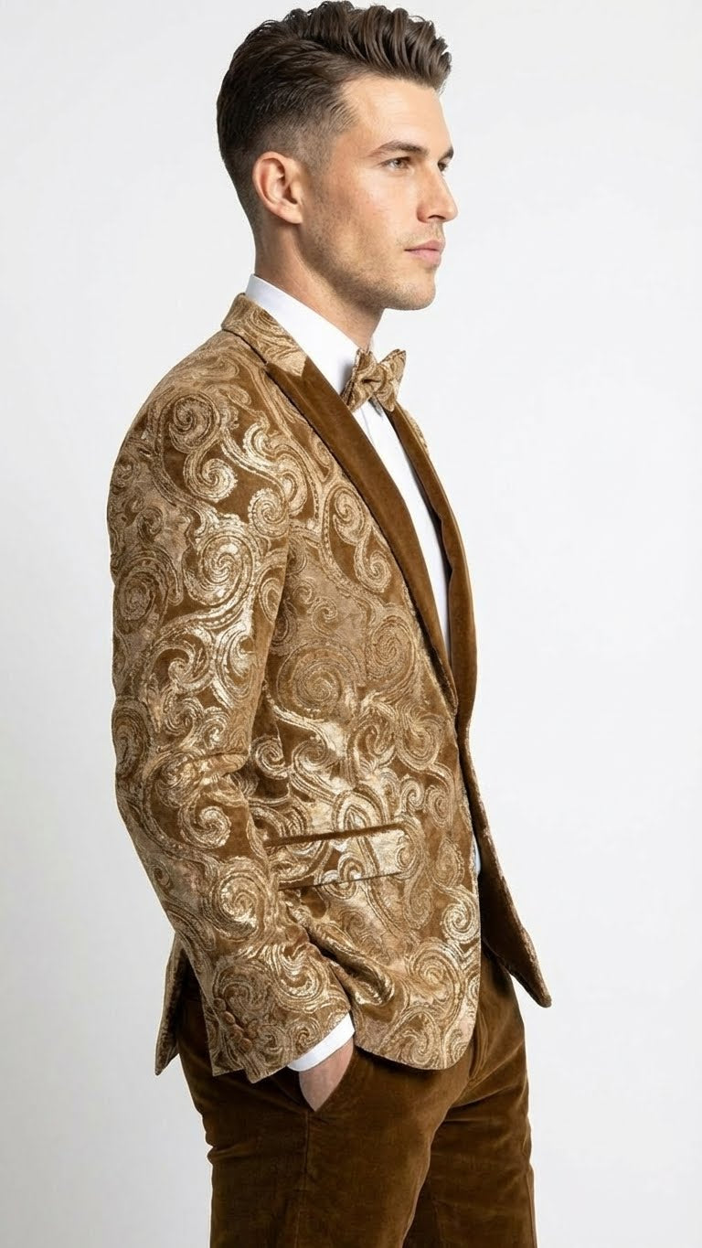 Men's gold-brown tuxedo jacket. Velvety material, smooth texture, slim fit. Features intricate embroidered swirl patterns. Perfect for formal dinners.