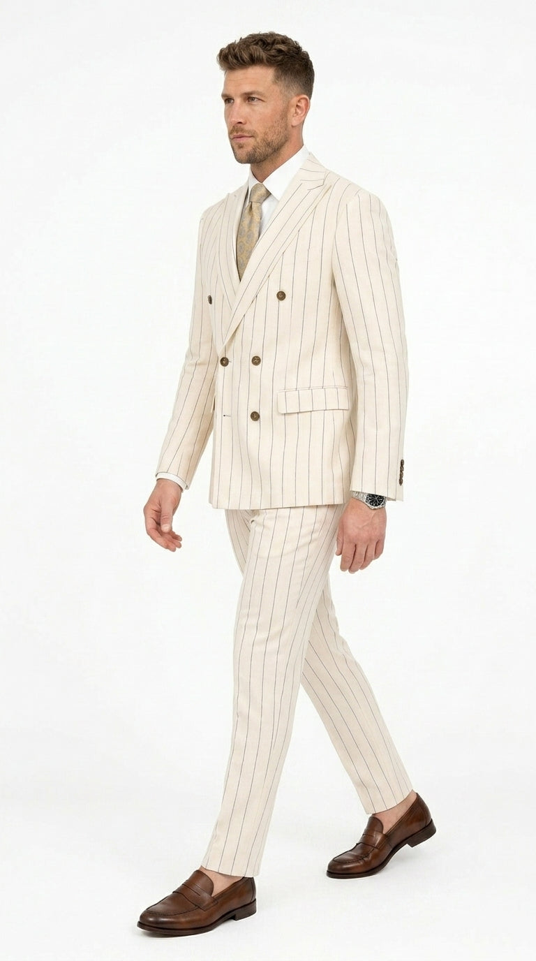 Men’s Cream Off White Pinstripe Linen Pinstripe 2 Piece Double Breasted Suit, Summer Wedding Ivory Color By Vitali